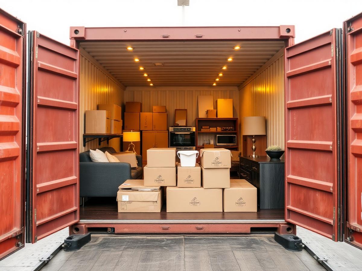 A shipping container packed with household furniture and moving boxes