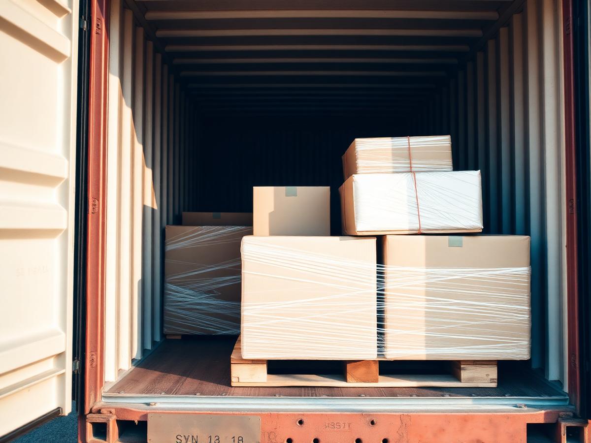 Wrapped household boxes on a pallet loaded into part of a shipping container